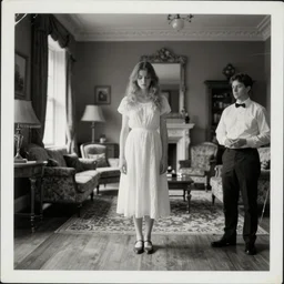 a double exposure of a beautiful full length portrait of a solemn young woman looking down, apparition, ghostly, white dress, with an estate agent photo of a stately home living room, scratched photo, damaged edges, old, black and white damaged photo