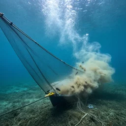 nylon trawl net with rockhoppers being towed behind a boat, scraping over the seabed, silt plume behind the net, underwater photo - c 1 1