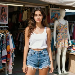 home photography portrait, clothes shop in market, clothes, floor mannequin, poster ; summer, Color VHS picture quality with mixed noise