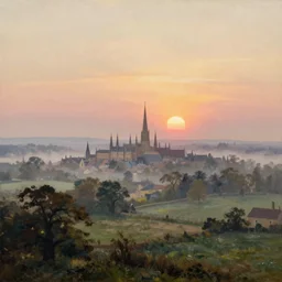 A landscape painting by Albert Bierstadt, showing the city of Salisbury viewed from Old Sarum at sunrise, misty, beautiful light, cinematic, morning light, dawn, English countryside, masterpiece, oil on canvas, matte painting, highly detailed
