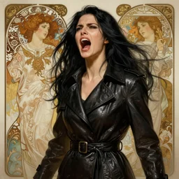 portrait of a long black haired woman screaming in the style of mass effect, leather trench coat, intricate, elegant, highly detailed, digital painting, artstation, concept art, smooth, sharp focus, illustration, art by artgerm and greg rutkowski and alphonse mucha, 8 k