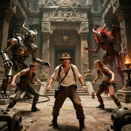 color cinematic still from a 2 0 0 6 action - adventure blockbuster directed by guillermo del toro. steampunk mechanical stone golems and a demonic krasue are attacking and terrorizing indiana jones and lara croft inside ancient epic labyrinthine cambodian temples with deadly traps and evil magic curses.