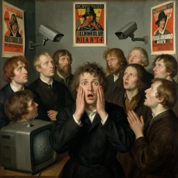 hieronymus bosch painting of many people without eyes. one person does have eyes, a young man, frightened about what is going on around him. there are propaganda posters on walls, brainwashing televisions and cctv cameras s 1 5 0