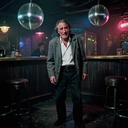 the full - body shot of drunk crying old wrinkled unkempt drunkard ( ( joaquin phoenix ) ) with sideburns worn in grey jacket and white shirt in dark steampunk fallout disco bar, cinematography of christopher doyle, frostpunk, neon gloomy light, discoball reflections, anamorphic, optical flares, kodak film, sharp focus, 8 k