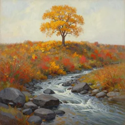 A beautiful oil painting of a single tree, the tree is at the top of a hill, the tree is in the rule of thirds, the fall has arrived and the leafs started to become golden and red, the river is zigzagging and flowing its way, the river has lots of dark grey rocks, by Greg Rutkowski