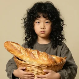 a boy with long black curly hair, round face holding a loaf of bread in a basket. By JC Leyendecker. By Yasunari ikenaga .