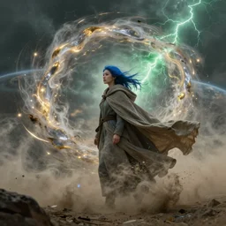 swirls of smoke and dust whirl around a young blue - haired woman wearing a long flowing cloak blowing in the wind, swirling flashes of gold and silver light, traces of green, lightning in distant clouds, cinematic lighting, fantasy painting, distant planet