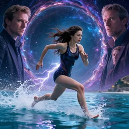 lee jin - eun running on water at super speed, emerging from multiversal galactic portal, splashes of lightning behind her, zoom, by ilya kuvshinov and peter mohrbacher, and m. k. kaluta, rule of thirds, seductive look, beautiful, 4 k, sharp focus, close up, majestic,