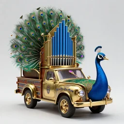 steampunk peacock pickup truck modeled to look like a peacock with a tall brass pipe organ on the back with blue, very tall brass organ pipes, organ pipes splayed in the back, green and purple accents and lights, hyper realism, studio lighting