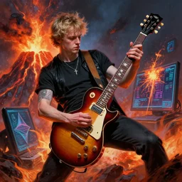 vitalik buterin shredding on a gibson les paul, painting by frank frazetta, heavy metal artwork, bad motherfucker vitalik playing a face - melting solo while a volcano erupts, computer science, high intensity ethereum marketing, 3 d 8 k