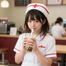 mikan tsumiki, a japanese young nurse with choppy long hair, happily drinking boba tea, 3 5 mm photo by annie leibovitz