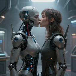 ultra realistic medium shot of a couple of cyborgs kissing, lovers, cyberpunk, sci - fi, kodak, faces, colour led, soft light, volumetric lighting, fog, rays, night, station, intricate detailed, digital painting, concept art, smooth, sharp focus, illustration, art by artgerm and greg rutkowski and alphonse mucha