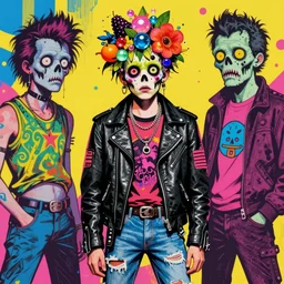 portrait of a zombie punk rock teenager, leather jacket, ripped jeans, spikes, head made of fruit gems and flowers in the style of arcimboldo, basil wolverton, kenny scharf, cartoonish graphic style, street art, silkscreen pop art, fantasy, throwback style