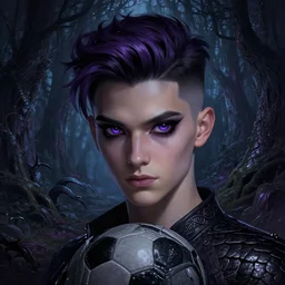 football with dark power scary eyes, fantasy forest landscape, dragon scales, fantasy magic, undercut hairstyle, short purple black fade hair, dark light night, intricate, elegant, sharp focus, illustration, highly detailed, digital painting, concept art, matte, art by wlop and artgerm and greg rutkowski and alphonse mucha, masterpiece