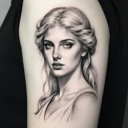 realism tattoo sketch of a beautiful blonde woman as a beautiful greek goddess aphrodite with piercing eyes wearing a laurel wreath and triangle earrings, in the style of greg rutkowski, amazing detail