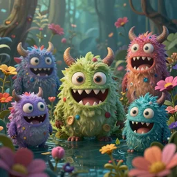 intricate colourful murky nature with strange cute friendly happy crazy monsters with huge beauty cute eyes triangle teeth and scary face appearing from the flowers in water, in the style of craola, shallow depth of field, highly detailed, digital painting, trending artstation, concept art, illustration, cinematic lighting, vibrant colors, photorealism, epic, octane render