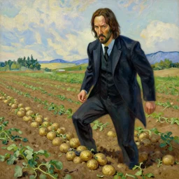 john wick farming potatoes in the field, oil painting in van gogh style