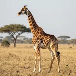 cat giraffe hybrid, bold natural colors, national geographic photography, masterpiece, full shot, grass landscape, award winning
