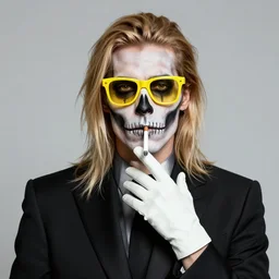 digital art portrait of a man with black suit, yellow glasses, cigarette, skull make - up, white leather gloves, long blonde hair, by greg rutkowski, trending on artstation, face symmetry, proportional, detailed,