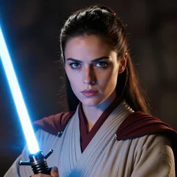head and shoulders portrait of a female knight, star wars, jedi, robes, blue lightsaber, by luis royo, vogue fashion photo