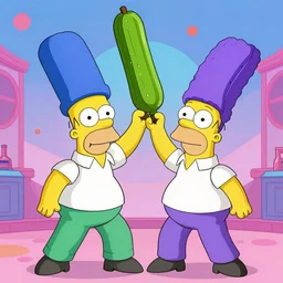 cartoon homer simpson hitting marge with giant pickle club, psychedelic lighting masterpiece cinematic volumetric hd
