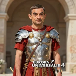 mr bean wearing traditional roman armour, loading screen artwork for the game'europa universalis 4'