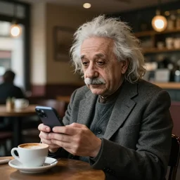 a high quality photo of albert einstein sitting in a coffee shop looking at his iphone. cozy scene, cinematic lights. epic.