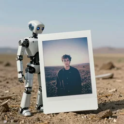 a robot in the distant future finding an old polaroid photo of a man in the waste fields, 4k, fantasy style