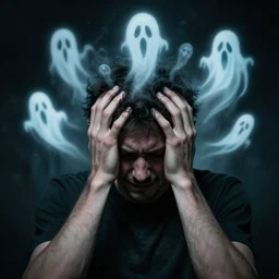 a distressed man holding his head with his hands as ghosts swirl around his head
