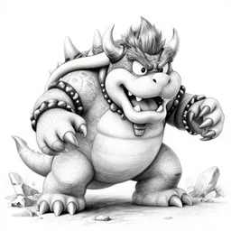pencil sketch of bowser with huge horns and scales and talons in a ruined kingdom, resident evil, horror, occult, terror, mist, volumetric render, detailed