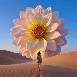 closeup giant dahlia flower hair, girl walking between dunes, surreal photography, sunrise, blue sky, dramatic light, impressionist painting, digital painting, artstation, simon stalenhag