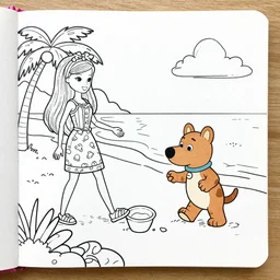 coloring book page of Barbie and Skipper playing at the beach