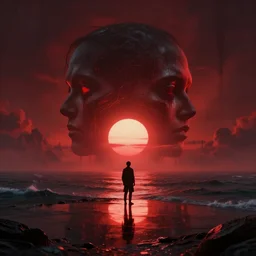 dark matter red infernal world future lanscape ocean and sun limbo hyper reflection in the horror them open street schizophrenia and stratification of consciousness mind man poster highly detailed full HD 8K resolution