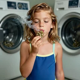 portrait of 2 0 years old miley cyrus in swimsuit smoking weed in a laundry room, intricate, hyperdetailed, photorealistic, diffuse lighting, hdrp, artstation, unreal 5, smooth, textless, sharp focus, art by john collier, albert aublet, krenz cushart, artem demura, alphonse mucha