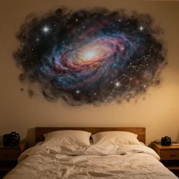 warm room with a bed, on the wall is drawn by the best painter, stars, galaxies and costelaciones.. Canon, EOS 5D Mark II, Lens: 50.0mm f/2.0, 1/200s, ISO 3200