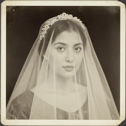portrait of young lady in veil on her face, old vintage photography, damaged photo, archive, film artifacts, scratches, tears, grainy, hyperrealistic, high quality, ultra detailed