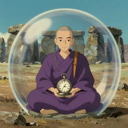 hyperrealist, studio ghibli dull colors portrait from close encounters of the third kind 1 9 7 7 of a mauve pocketwatch monk meditating in a cubic bubble desert stonehenge.