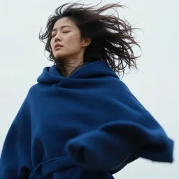 extreme closeup of a woman in an indigo cloak, eyes closed, hair blowing in the wind, jumping, by mike davis