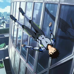 anime movie poster of a cyberpunk android falling past a large windowed building that reflects the city around it and the android's reflection