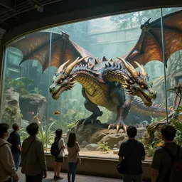 a highly detailed dragon in a zoo exhibit behind a glass wall, people are watching it, d & d, fantasy, intricate, cinematic lighting, highly detailed, artstation, concept art, smooth, sharp focus, illustration, art by artgerm and greg rutkowski and alphonse mucha