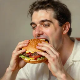 portrait of groucho marx biting a giant hamburger eating a big mac hamburger with extra ketchup and mustard lettuce and tomato, divine feminine ethereal light, highly detailed, lifelike, photorealistic, digital painting, artstation, illustration, smooth, sharp focus, art by collier, albert aublet, krenz cushart, artem demura, alphonse mucha