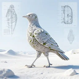 surreal image of a bird striding over a hilly desert area in white and light blue tones, detailed blueprint and schematic, 8 k optane render 3 d unreal engine glorious intricate detailed superb, pristine and clean design, center frame, intricate details, ultra - detailed, carved in moss - covered stone by magic flame, desaturated, concept art, with highly detailed blueprint, marker concept art style rendering h 1 3 4 4