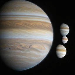 the gas giant jupiter with moons io and europa orbiting in front in the style of eric abel