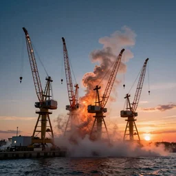 huge machine cranes , feedback loop , burst of powders ,volumetric lighting, twisting vapour, bellowing dust , emerging seascape and beautiful sunset , full colour , upscale , 4k