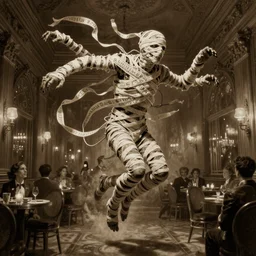 photorealistic sepia painting of an undead flying mummy, in a 1 9 2 0 s hotel ballroom, with wrappings unravelling with nabeatean writing floating around it, by richard corben, atmospheric lighting, brooding, painted, intricate, ultra detailed, well composed, best on artstation, cgsociety, epic, horror, stunning, gorgeous, intricate detail, much wow, masterpiece, cinematic aesthetic octane render, 8 k hd resolution,
