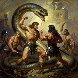 oil painting of conan the barbarian fighting a giant snake, by frank frazetta, mike hoffman, greg rutkowski, 1 9 6 0 fantasy