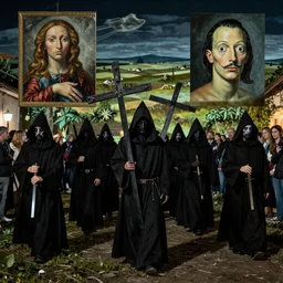 A Holy Week procession of grim reapers in a lush Spanish landscape at night. A hooded figure at the front holds a cross. El Greco, Remedios Varo, Salvador Dalí, Zdzisław Beksiński,Carl Gustav Carus, Edward Hopper.