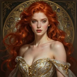 a beautiful young woman with red hair, fantasy, intricate, elegant, dramatic lighting, highly detailed, lifelike, photorealistic, digital painting, artstation, beautiful woman, gorgeous face, sexy gown, illustration, concept art, smooth, sharp focus, art by John Collier and Albert Aublet and Krenz Cushart and Artem Demura and Alphonse Mucha
