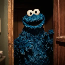 grainy photo of the cookie monster as a creepy monster in a closet, harsh flash