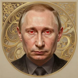 Portrait of Putin,  D&D, red eyes, face, fantasy, intricate, elegant, highly detailed, digital painting, artstation, concept art, smooth, sharp focus, illustration, art by artgerm and greg rutkowski and alphonse mucha